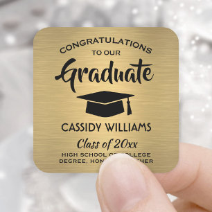 Adesivo Quadrado Parabéns Escovados Graduação Dourada de Folha Faux