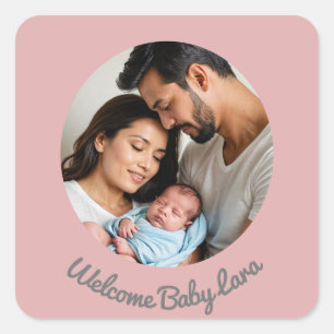 Adesivo Quadrado Parabéns, nova menina rosa, foto de bebê
