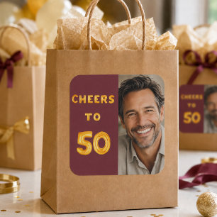 Adesivo Quadrado Parabéns pelos 50 anos para balão dourado bordô 50