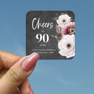 Adesivo Quadrado Parabéns pelos 90 Anos em Lousa Floral Branca