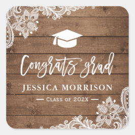Adesivo Quadrado Parabéns Rustic Wood Lace Formando Favor de Gradua