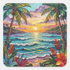 Adesivo Quadrado Paraíso Tropical | Cena de Praia Costeira Impasto