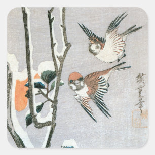 Adesivo Quadrado Pardais e Camélia na Neve por Ando Hiroshige