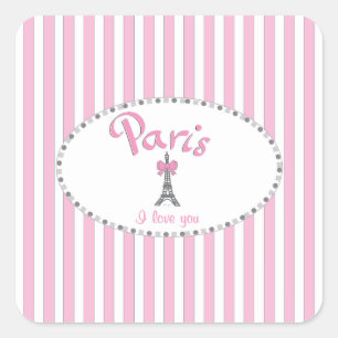 Adesivo Quadrado "Paris I Love You"- listras cor-de-rosa