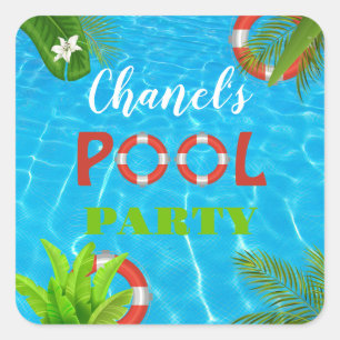 Adesivo Quadrado Partido da Piscina Tropical Aniversário de Verão