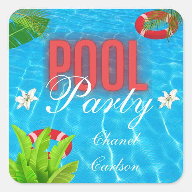 Adesivo Quadrado Partido da Piscina Tropical | Aniversário de Verão (Frente)