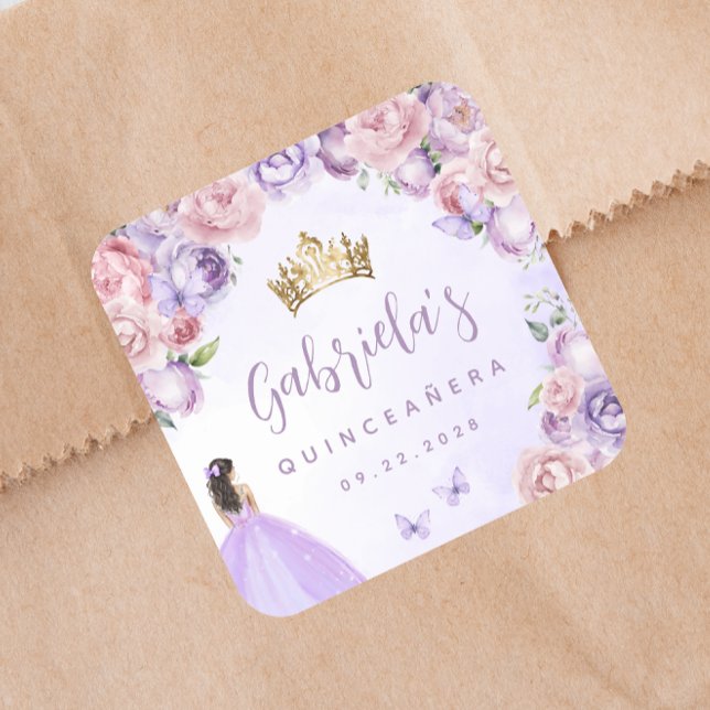 Adesivo Quadrado Partido da Quinceñera Floral com Blush (Criador carregado)