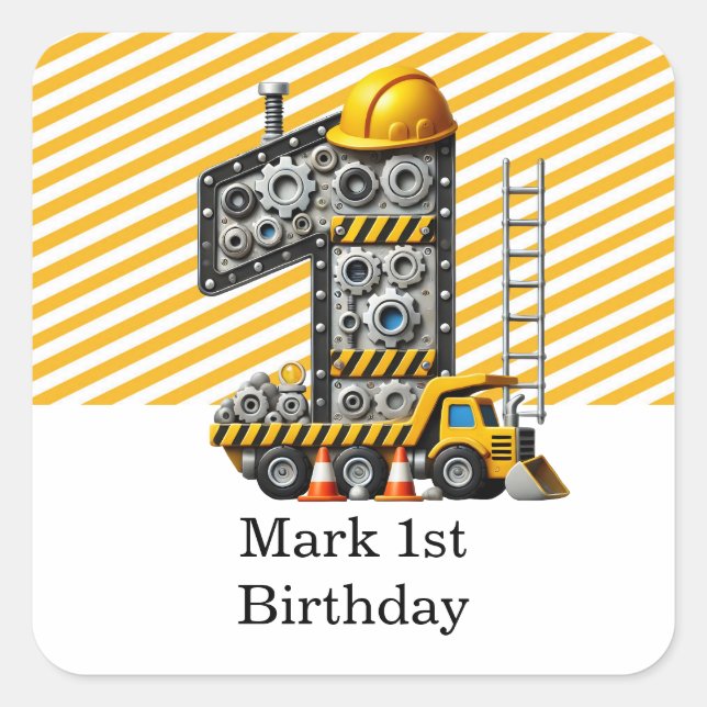 Adesivo Quadrado Partido do primeiro aniversario de Construção (Frente)