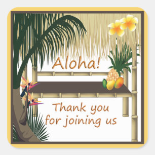 Adesivo Quadrado Partido Tropical Tiki Hut Aloha Favor Sticker