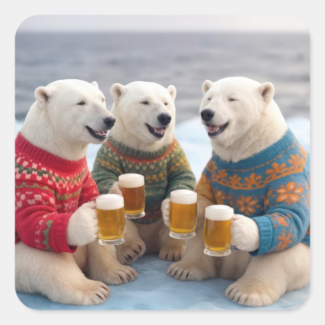 Adesivo Quadrado Party Polar Bears Wearing Christmas Ugly Sweaters (Frente)