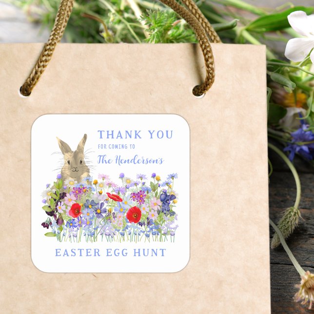 Adesivo Quadrado Páscoa, Caça De Ovo Bunny Floral Obrigado (Easter brunch and egg hunt custom thank you sticker for favor bags watercolor florals and cute bunny)