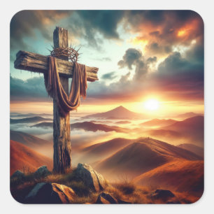 Adesivo Quadrado Páscoa Cruz com Coroa de Cornos