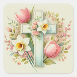 Adesivo Quadrado Páscoa Floral Cruz Vintage Religiosa Primavera