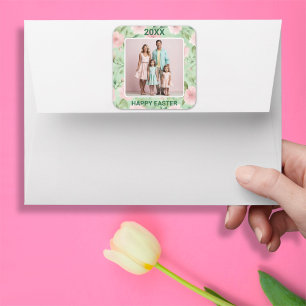 Adesivo Quadrado Páscoa Personalizado Foto Pastel Rosa & Verde Flor