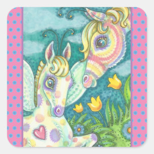 Adesivo Quadrado PÁSCOA primavera, CAVALO DE BEBÊ DE RAINBOW, VINHO