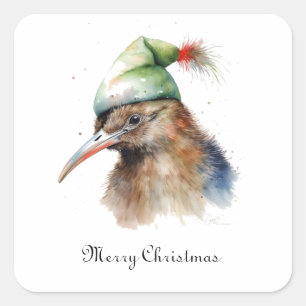 Adesivo Quadrado Passarinho Kiwi Fofo com Chapéu de Elfo de Natal,