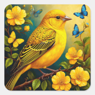 Adesivo Quadrado Pássaro Amarelo Alegria Floral da Primavera