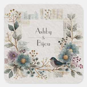 Adesivo Quadrado Pássaro Azul Teal Empoeirado Floral Arte Folclóric