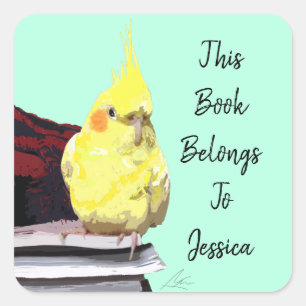 Adesivo Quadrado Pássaro Cockatiel Realista Empolehado em Livros d