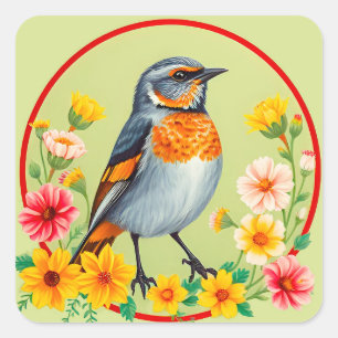 Adesivo Quadrado Pássaro Colorido Em Meio A Flores Sentindo