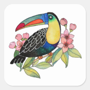 Adesivo Quadrado Pássaro de Toucan da aguarela com flores