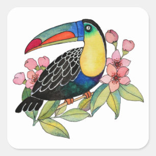 Adesivo Quadrado Pássaro de Toucan da aguarela com flores