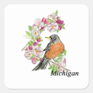 Adesivo Quadrado Pássaro e flor do Michigan