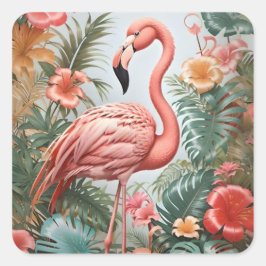 Adesivo Quadrado Pássaro Flamingo Rosa Elegante e Flores Tropicais