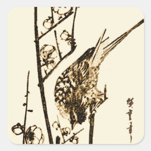 Adesivo Quadrado Pássaro japonês em um galho - castanho e bege