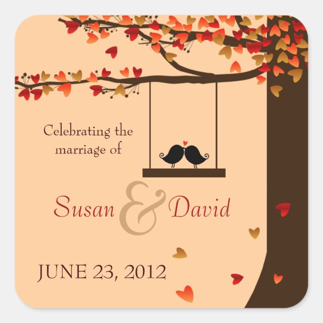 Adesivo Quadrado Pássaros Adoráveis Caindo Corações Carvalho Vedant (Frente)