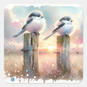 Adesivo Quadrado Pássaros Aquarela Pastel Poste de Cerca Pôr do Sol