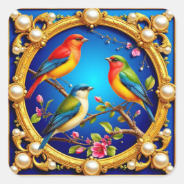 Adesivo Quadrado Pássaros Coloridos no Quadro do Ouro Ornamentado