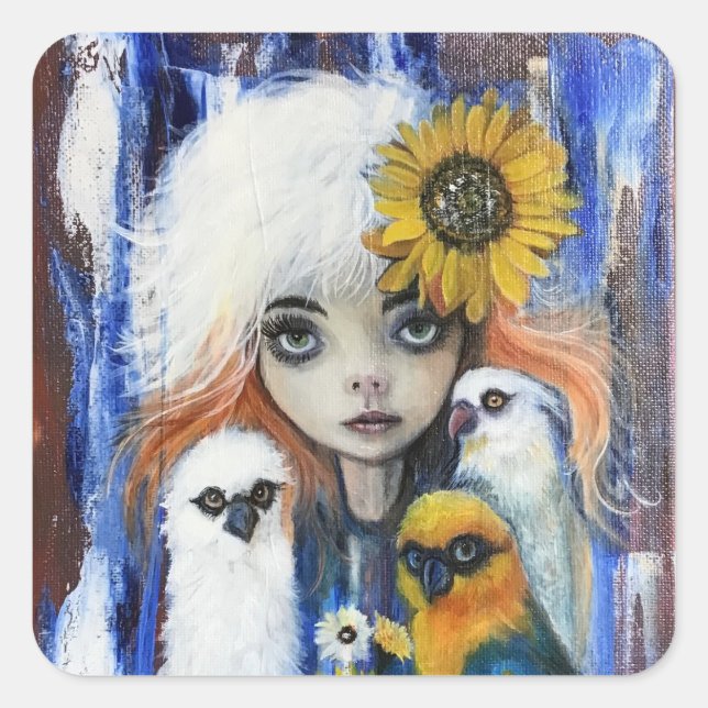 Adesivo Quadrado Pássaros com bengala feminina quadrada (Frente)