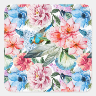Adesivo Quadrado Pássaros com Padrão Floral Flores Folhagem Azul Ve