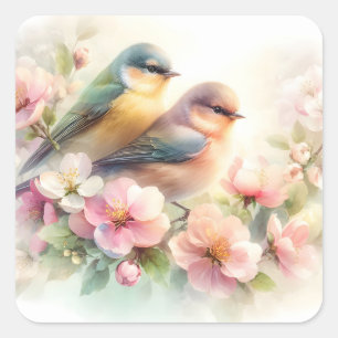 Adesivo Quadrado Pássaros de Amor Doces Flores de Primavera Pastel