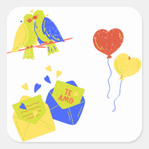 Adesivo Quadrado pássaros de amor fofos & cartas românticas