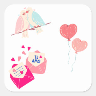 Adesivo Quadrado pássaros de amor fofos & cartas românticas