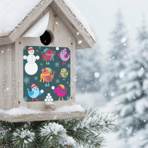 Adesivo Quadrado Pássaros de inverno brincando em neve com boneco d