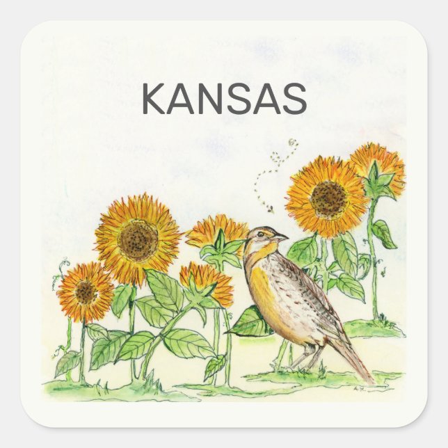 Adesivo Quadrado Pássaros e flores do Estado do Kansas (Frente)