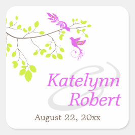 Adesivo Quadrado Pássaros Elegantes em um Casamento Roxo e Verde