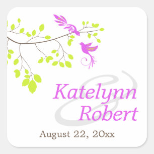 Adesivo Quadrado Pássaros Elegantes em um Casamento Roxo e Verde