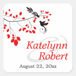 Adesivo Quadrado Pássaros Elegantes em um Casamento Vermelho e Negr