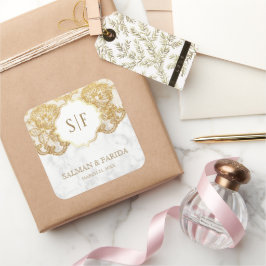 Adesivo Quadrado Pasta Branca Dourada Lace Monograma Casamento Favo