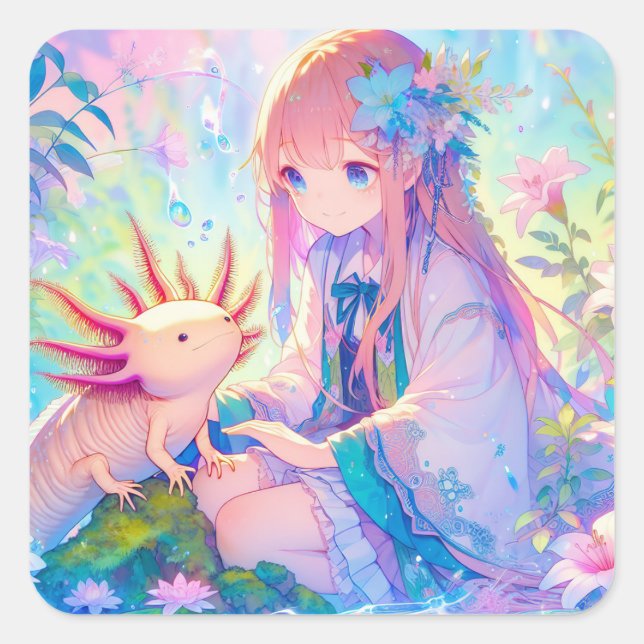 Adesivo Quadrado Pastel Anime uma Axolotl Personalizada (Frente)