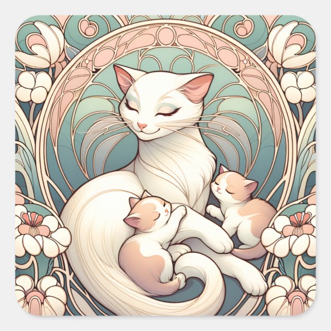 Adesivo Quadrado Pastel Art Nouveau Mãe Gato e Gatinhos (Frente)
