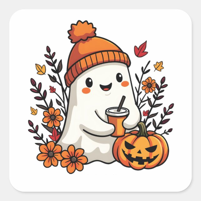 Adesivo Quadrado Pastel Autumn Kawaii Ghost Fall Pumpkin Spice (Frente)