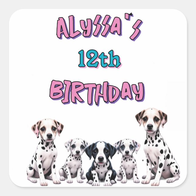 Adesivo Quadrado Pastel Dalmatian Dogs Birthday Party (Frente)