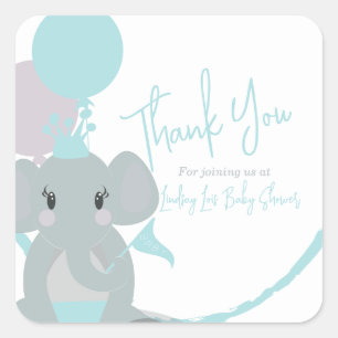 Adesivo Quadrado Pastel Elefante Bebê Menina Script Chá de Bebê
