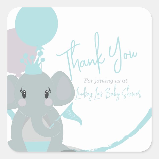 Adesivo Quadrado Pastel Elefante Bebê Menina Script Chá de Bebê   (Frente)