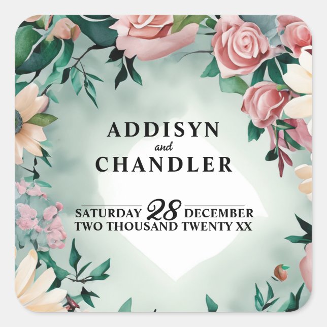 Adesivo Quadrado Pastel Flower Elegance: Casamento Floral Verde Sag (Frente)
